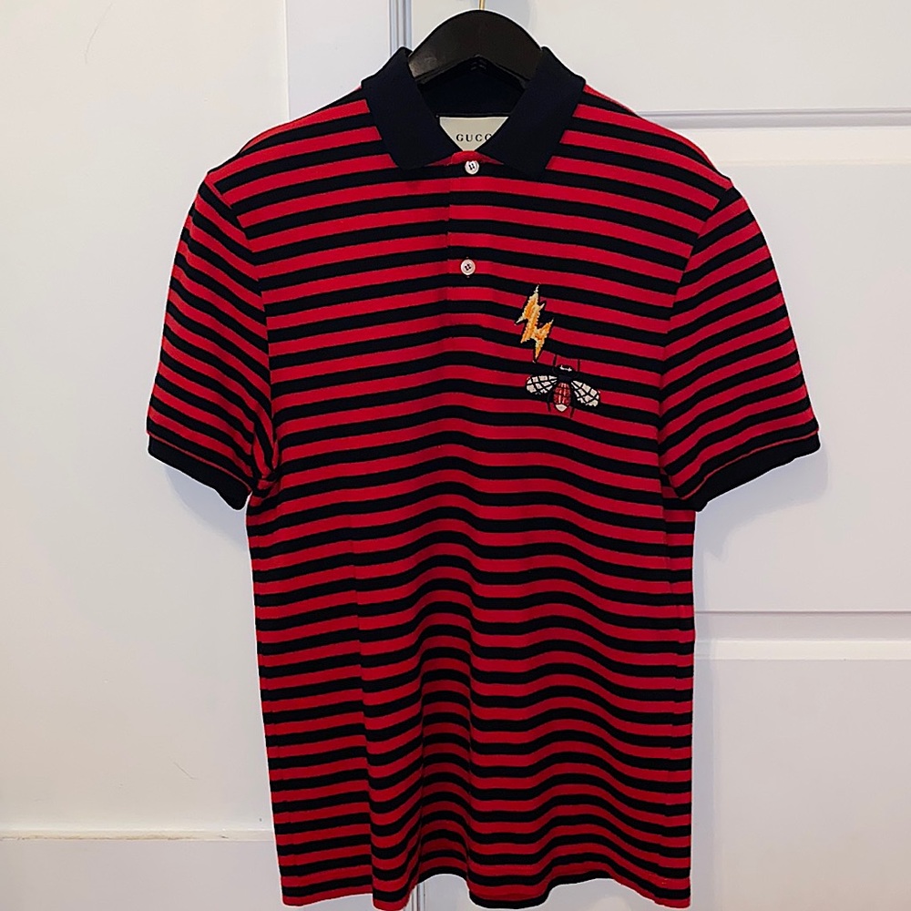 Mens Gucci Bee & Lightning Striped Polo T-Shirt Size L